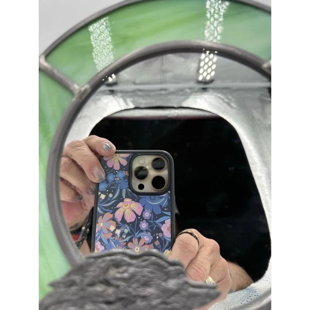 Round 8 in Green/Silver Framed Glass Accent Mirror, Tree Theme,